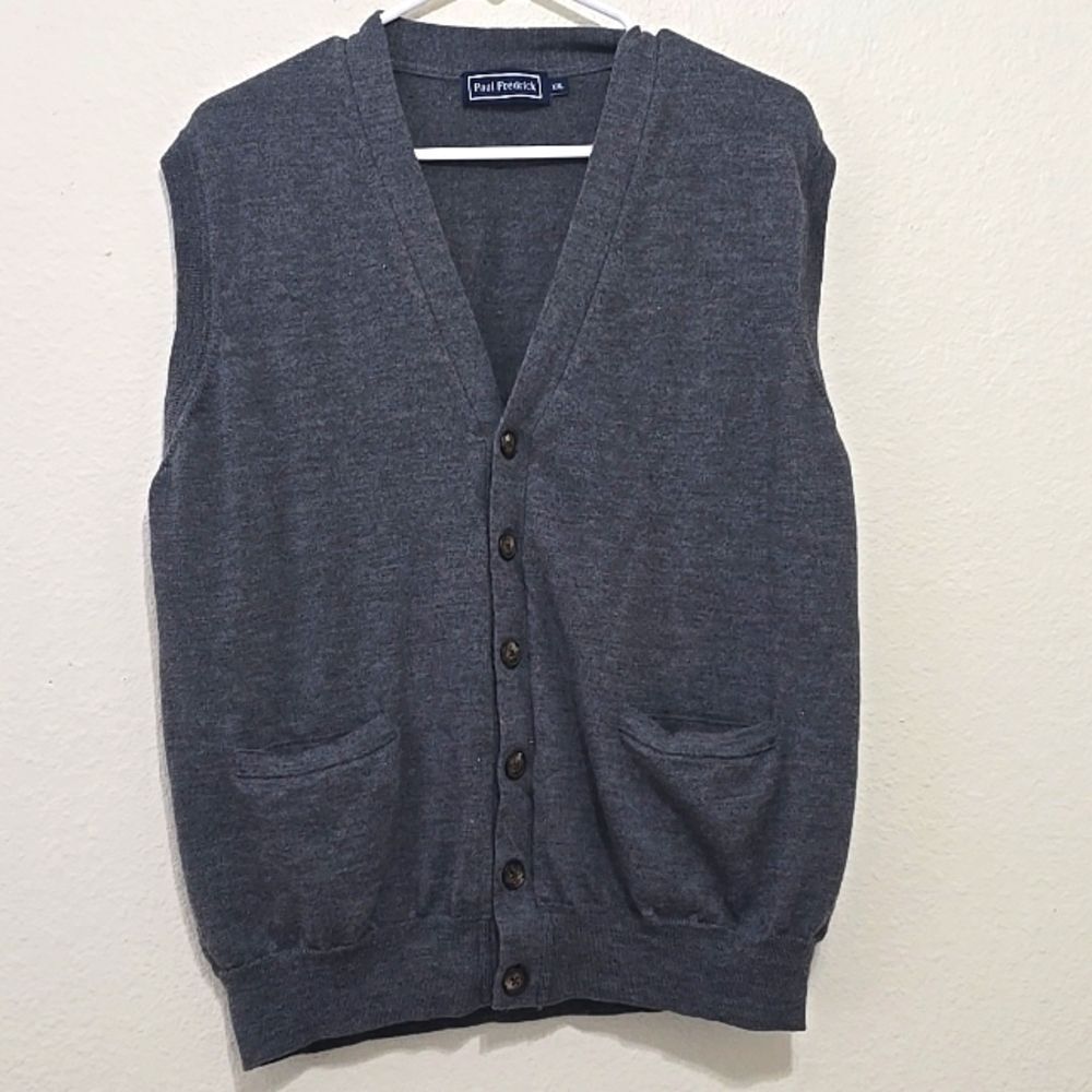 Mens Paul Fredrick Preppy Classic‎ Merino Wool Cardigan Vest Grey XXL